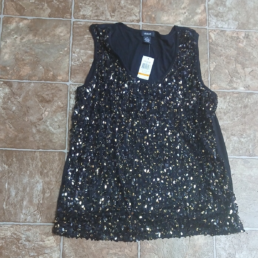 Verve Black Tank Top Blouse with Gold & Silver Sequins Size 3X